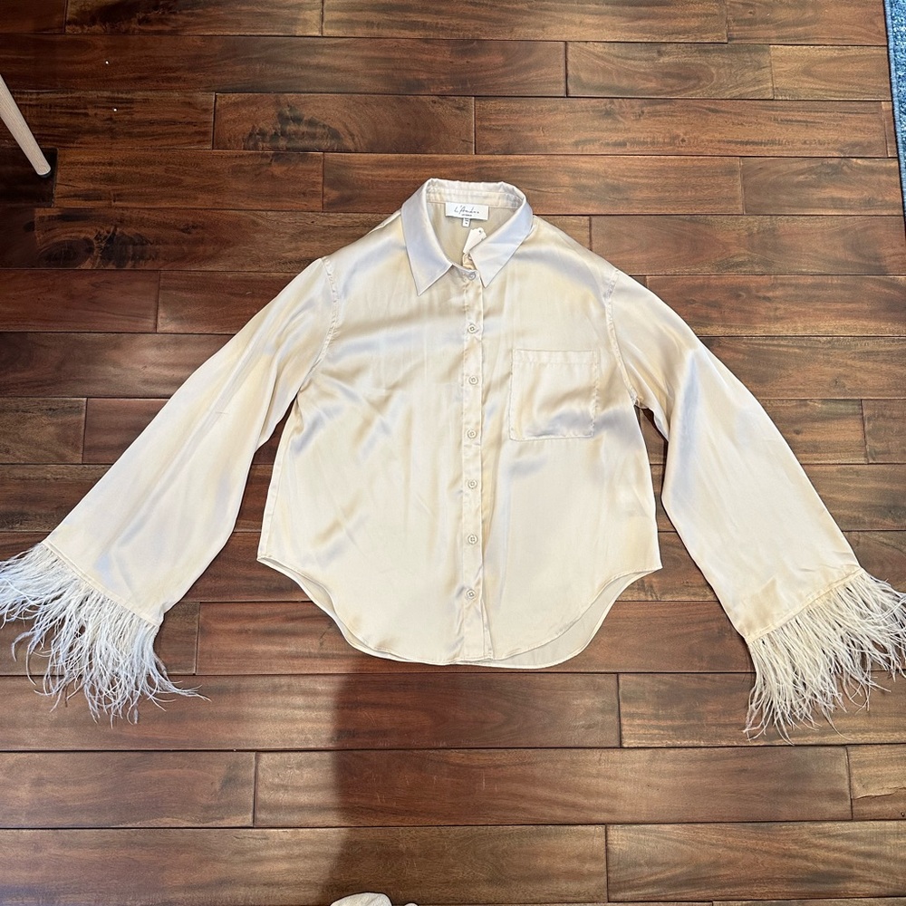 L'Academie The Michelle Blouse in Ivory Satin Top Feather Trim size XS - Picture 2 of 7